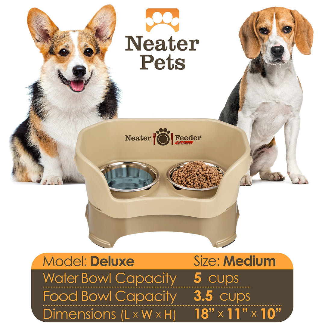 Neater Feeder Deluxe Mess Proof Dog Bowls Elevated Medium Sized Dog Breed – Made in USA – No Spill Raised Dog Food Bowl Stand – Stainless Steel Food and Water Bowl Set, Pet Feeding Station, Cappuccino