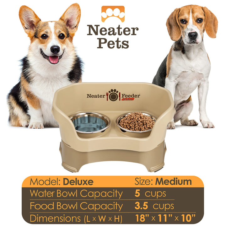 Neater Feeder Deluxe Mess Proof Dog Bowls Elevated Medium Sized Dog Breed – Made in USA – No Spill Raised Dog Food Bowl Stand – Stainless Steel Food and Water Bowl Set, Pet Feeding Station, Cappuccino