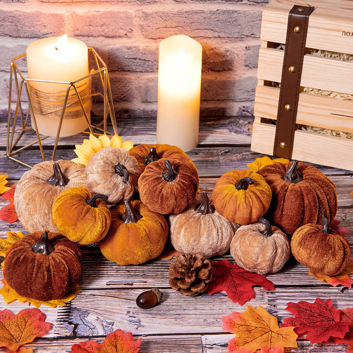 12Pcs Fall Artificial Pumpkins 3 Sizes Fake Velvet Pumpkin Orange Brown Khaki Small Foam Pumpkin Autumn Table Centerpiece for Fall Harvest Thanksgiving Halloween Party Decoration