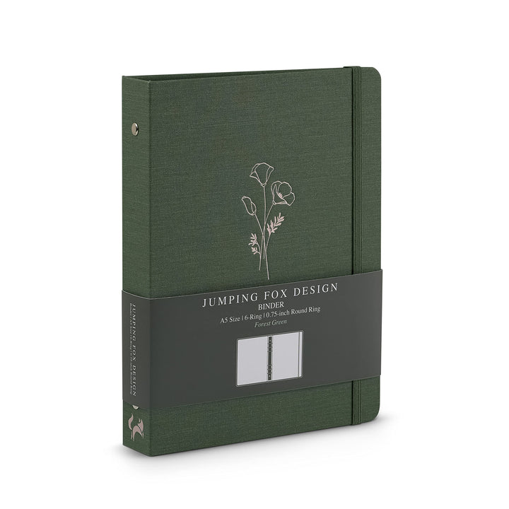 Jumping Fox Design Linen Fabric 6 Ring A5 Binder, 0.75 Inch Small Binder, for 6 Hole Punch A5 Refill Paper and Planner Inserts (6 Round Ring, 0.75, Forest Green)