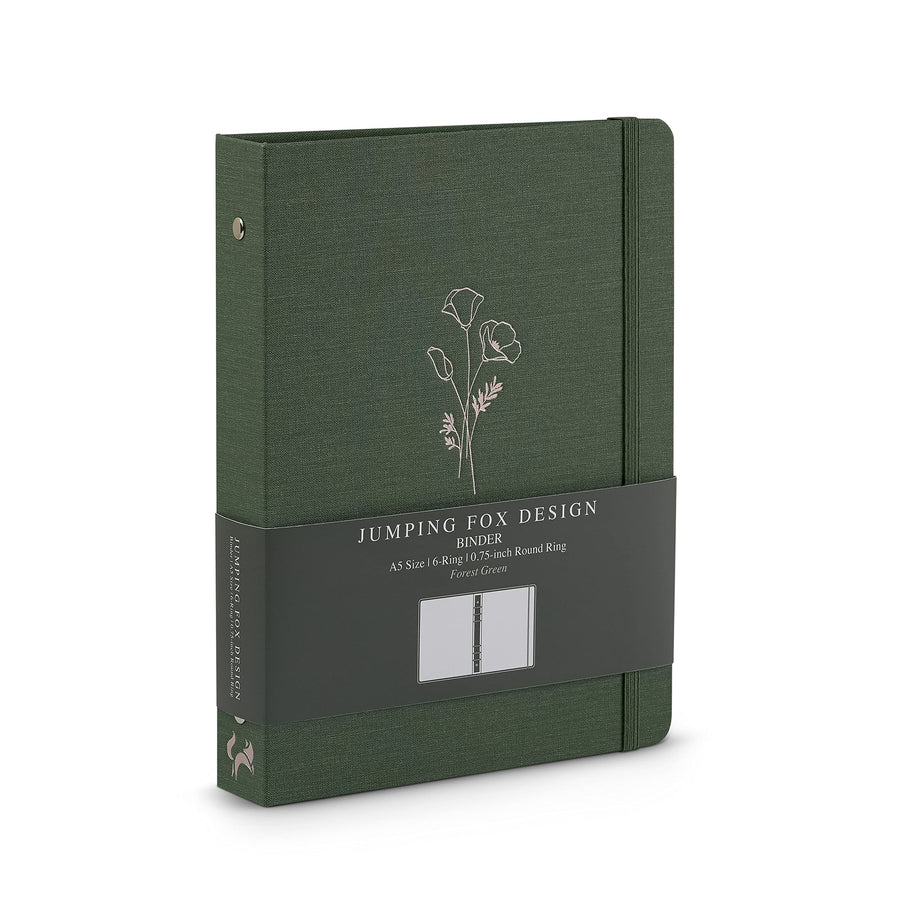 Jumping Fox Design Linen Fabric 6 Ring A5 Binder, 0.75 Inch Small Binder, for 6 Hole Punch A5 Refill Paper and Planner Inserts (6 Round Ring, 0.75, Forest Green)