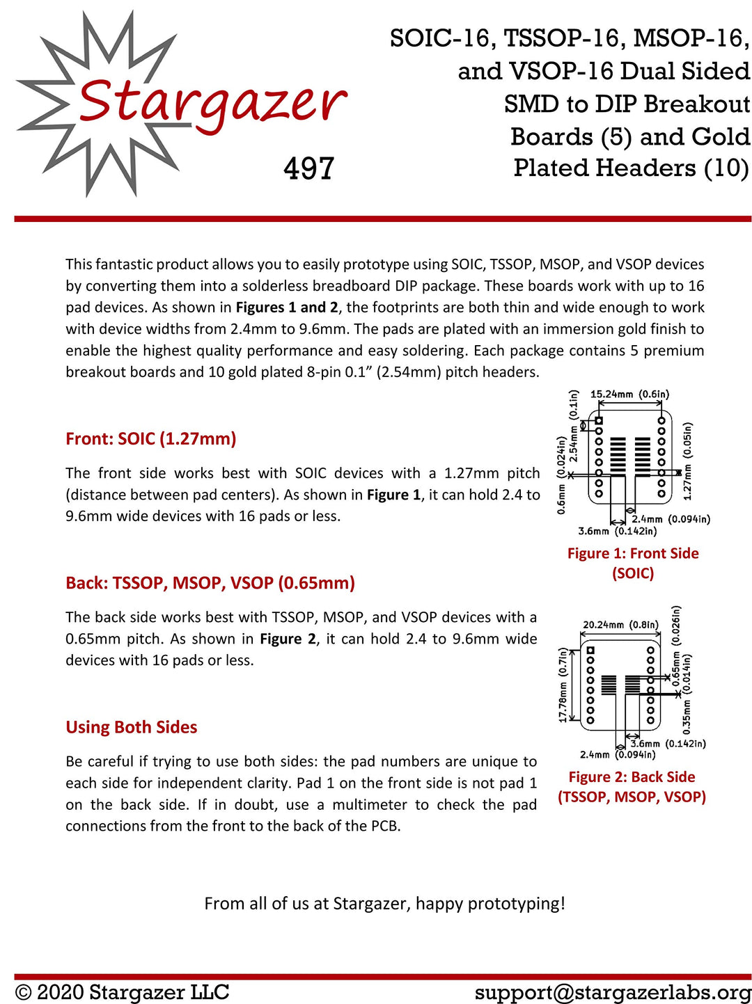 Stargazer SMD to DIP Breakout for SOIC-16, TSSOP-16, MSOP-16, and VSOP-16 with Gold Plated Headers [5 Pack]