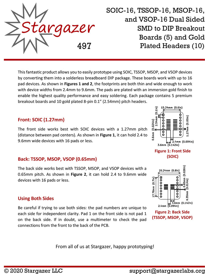 Stargazer SMD to DIP Breakout for SOIC-16, TSSOP-16, MSOP-16, and VSOP-16 with Gold Plated Headers [5 Pack]