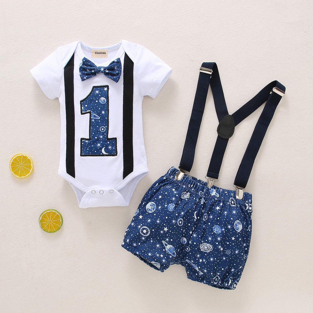 Baby Clothes 1st Birthday Outfits Short Long Sleeve Romper Pants Suspenders Strap Outfits Toddler Boy First Sets Blue