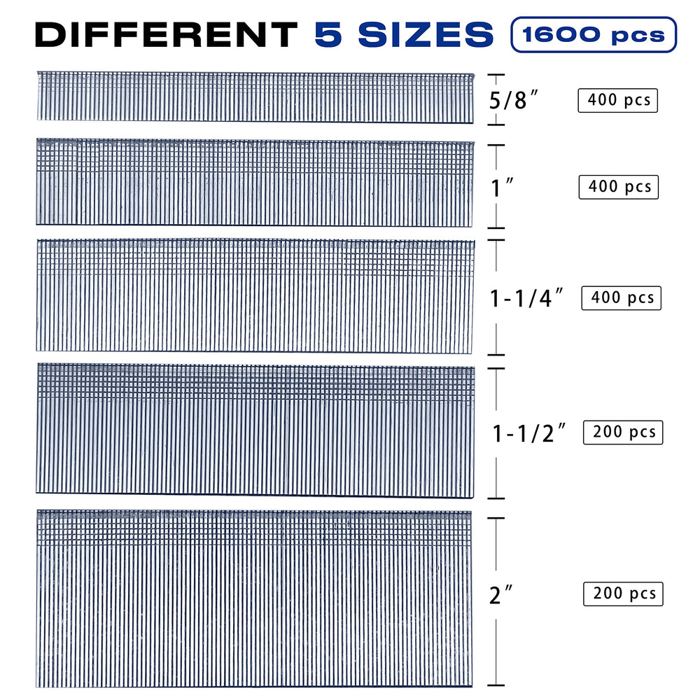 1600 pcs 18 Gauge Brad Nails 5 Sizes (5/8+1+1 1/4+1 1/2+2 Inch) Galvanized Nail Assorted Size Project Pack