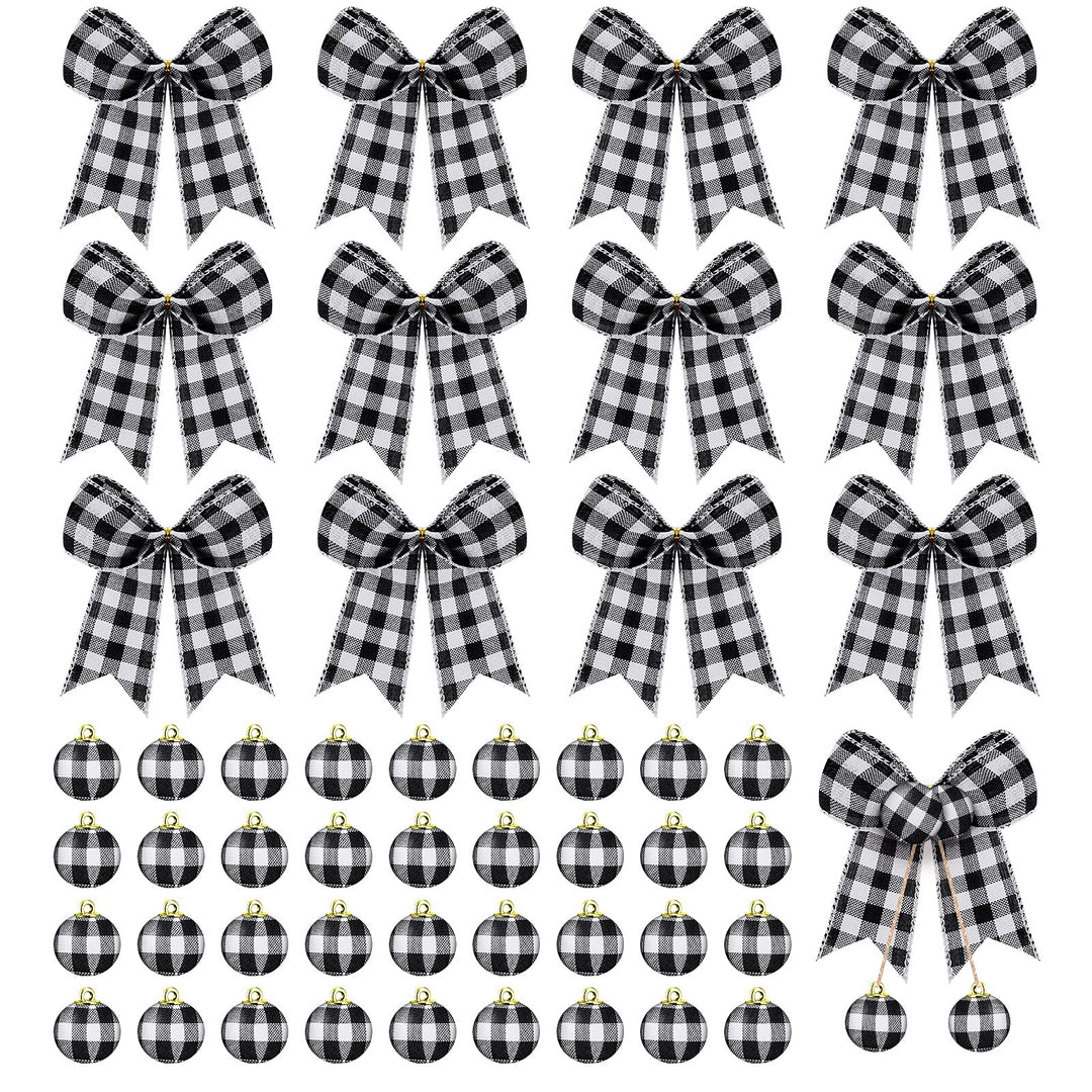 Chuangdi 36 Pcs Christmas Buffalo Plaid Ball Ornament Fabric Wrapped Ball 12 Pcs Buffalo Plaid Bow Xmas Tree Hanging Decor Holiday Farmhouse Party Supplies (Black and White Plaid, 5.9 Inch and 1 Inch)