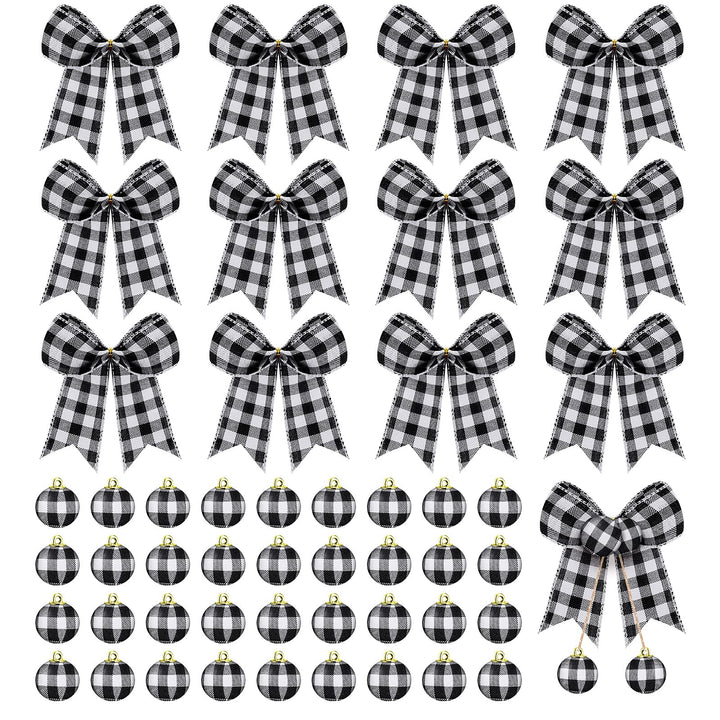 Chuangdi 36 Pcs Christmas Buffalo Plaid Ball Ornament Fabric Wrapped Ball 12 Pcs Buffalo Plaid Bow Xmas Tree Hanging Decor Holiday Farmhouse Party Supplies (Black and White Plaid, 5.9 Inch and 1 Inch)