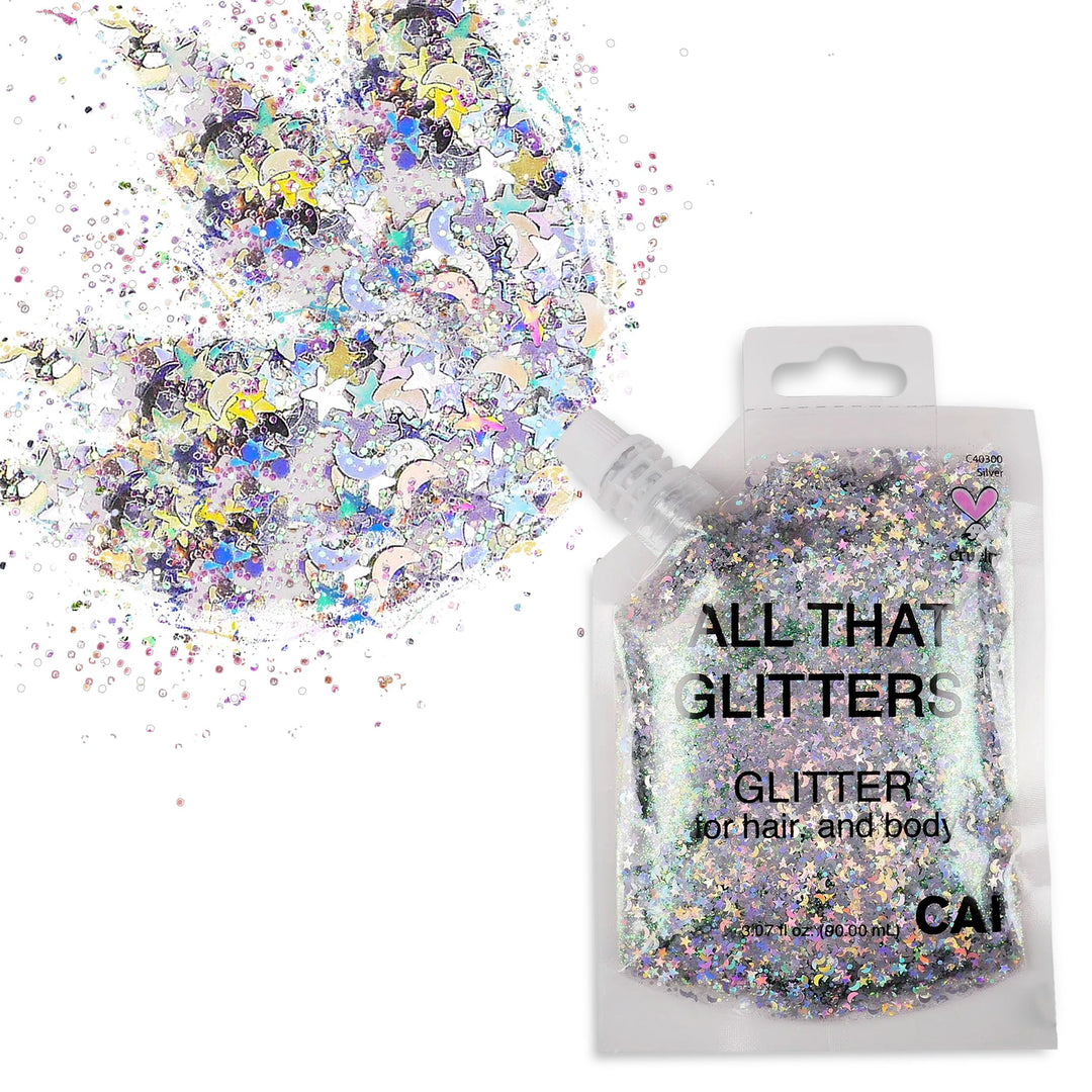Body Glitter Gel- Face, Body &amp; Hair (1 Pk Silver) Chunky Iridescent Holograph Stars &amp; Moon, 3 oz | Cosmetic-Grade Makeup, Apply Without Glue, Easy to Take Off &amp; Keep Skin Clean - for Concerts, Raves