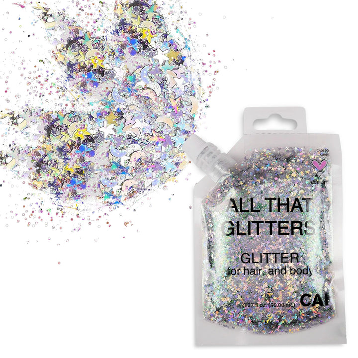 Body Glitter Gel- Face, Body &amp; Hair (1 Pk Silver) Chunky Iridescent Holograph Stars &amp; Moon, 3 oz | Cosmetic-Grade Makeup, Apply Without Glue, Easy to Take Off &amp; Keep Skin Clean - for Concerts, Raves