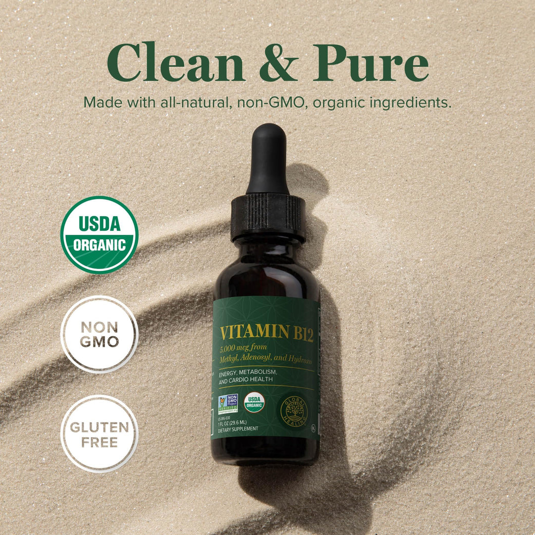 - Vitamin B12 Sublingual 5000 MCG Organic Liquid Supplement, Methylcobalamin, Adenosylcobalamin, Hydroxo Long-Lasting Energy and Healthy Metabolism - Vegan B12 Vitamins (1 Oz)