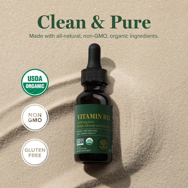 - Vitamin B12 Sublingual 5000 MCG Organic Liquid Supplement, Methylcobalamin, Adenosylcobalamin, Hydroxo Long-Lasting Energy and Healthy Metabolism - Vegan B12 Vitamins (1 Oz)