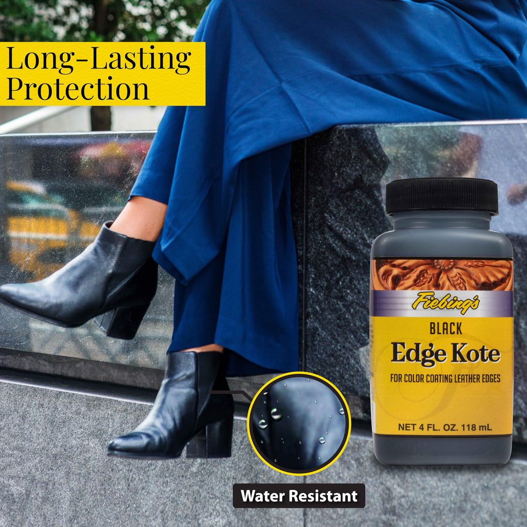 Fiebing&#39;s Edge Kote (4oz, Black) - Leather Edge Paint for Shoes, Furniture, Purses, Couches, Belts - Flexible, Water Resistant, Semi Gloss Color Coating Leather Dye to Protect Natural Edges