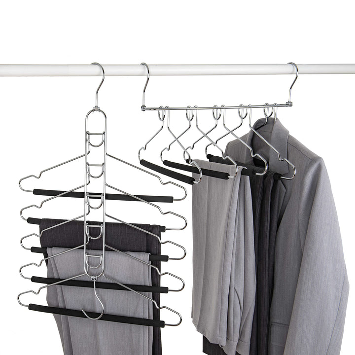 2 Pack Multi Layer 5 in 1 Metal Suits Pants Hangers, Closet Storage Organizer with 2 Swivel Hooks, Detachable Space Saving Anti Slip Clothes Hangers for Shirt Sweater Jeans Slacks Dresses