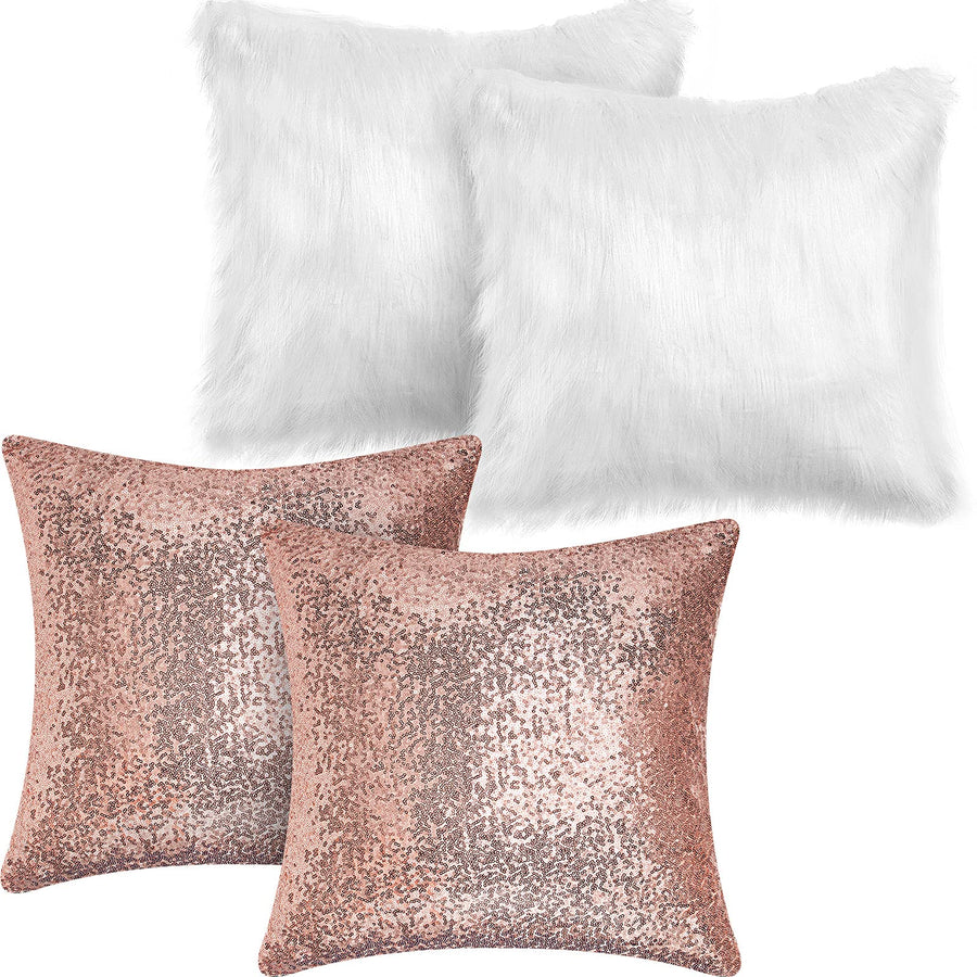 Irenare 4 Pcs Sequin and Fluffy Pillow Covers Winter Fa