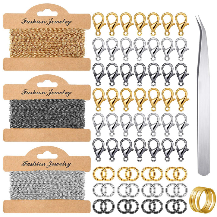 365 Pieces Jewelry Making Chains Set, 50 Feet Stainless Steel Link Chains, 300 Jump Rings 60 Lobster Clasps with Curved Tweezers and Brass Jump Ring Opener for DIY Jewelry Necklace Bracelet Crafts