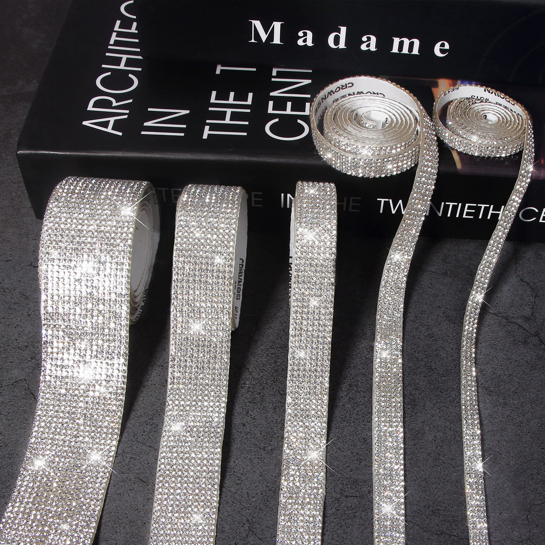5 Rolls Self Adhesive Bling Wrap Crystal Rhinestone Strips Diamond Ribbon,Rhinestones for Crafts,Diamond Stickers Silver Rhinestone Ribbon Use for Decoration (Silver/5 Sizes/Total 5Yards)