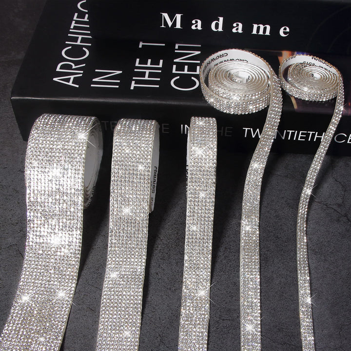 5 Rolls Self Adhesive Bling Wrap Crystal Rhinestone Strips Diamond Ribbon,Rhinestones for Crafts,Diamond Stickers Silver Rhinestone Ribbon Use for Decoration (Silver/5 Sizes/Total 5Yards)