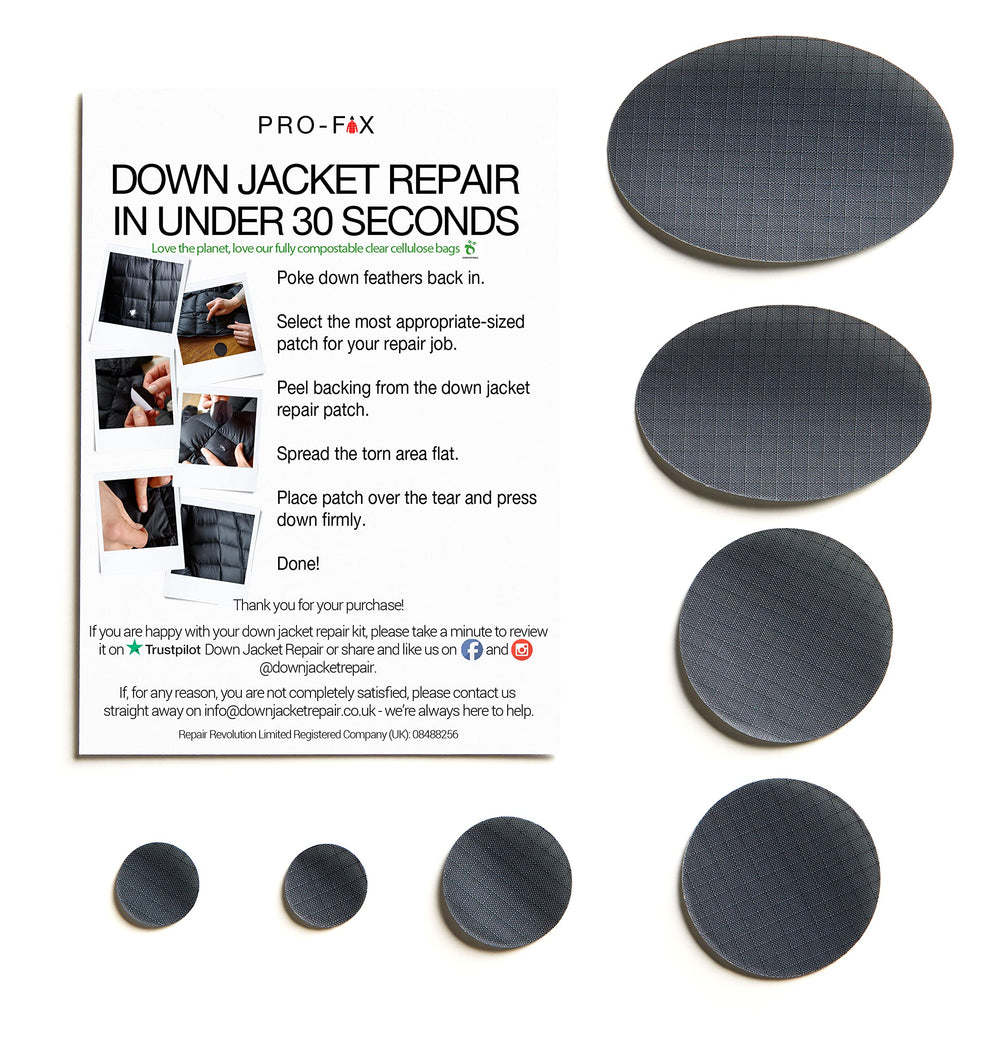 Pro Fix Down Jacket Repair Patches Easy to Use, Pre-Cut, Self-Adhesive, Waterproof, Tear-Resistant Rip-Stop Nylon Fabric Patches for Jackets, Down Jacket Patches - Outdoor Gear Patches (Dark Gray)