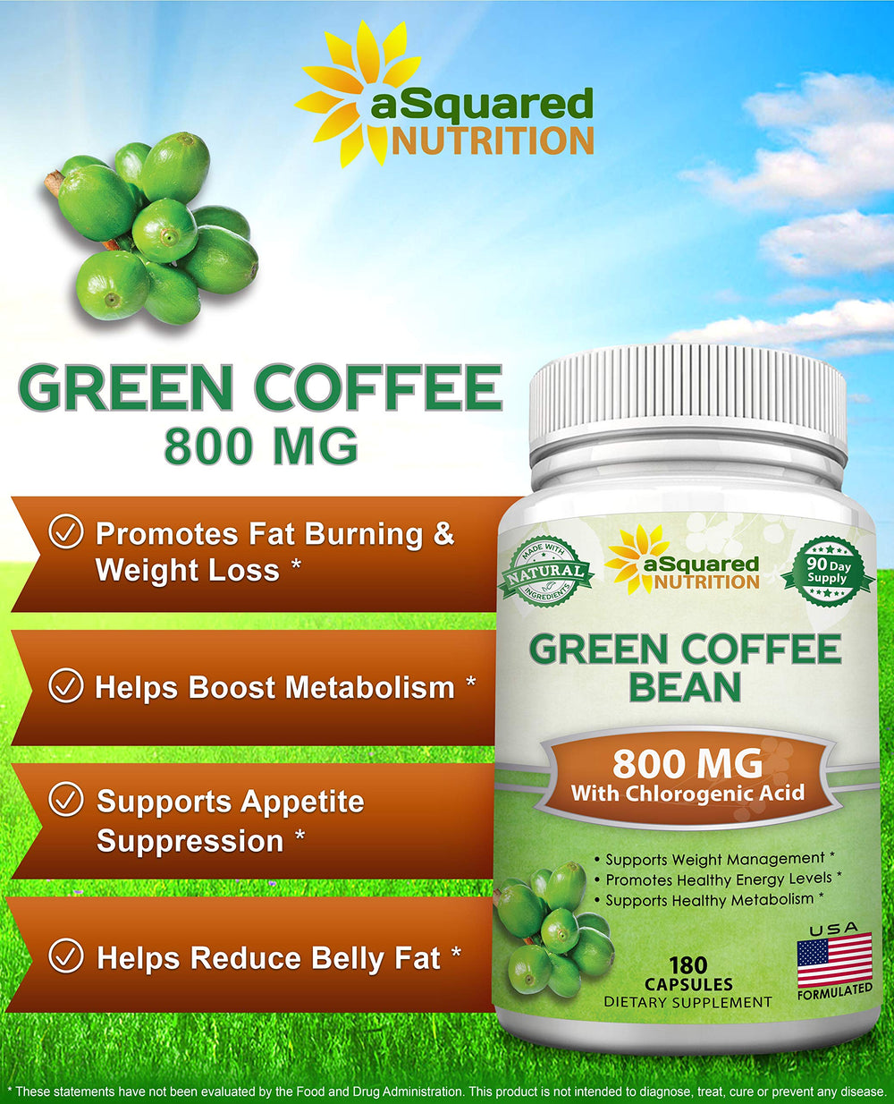 Natural Green Coffee Bean Formula-180 Capsules-Max Strength GCA Antioxidant Cleanse for Pure Weight Loss, 800mg per Pill-Chlorogenic Acid-1600mg Daily Supplement, Healthy Fat Burner