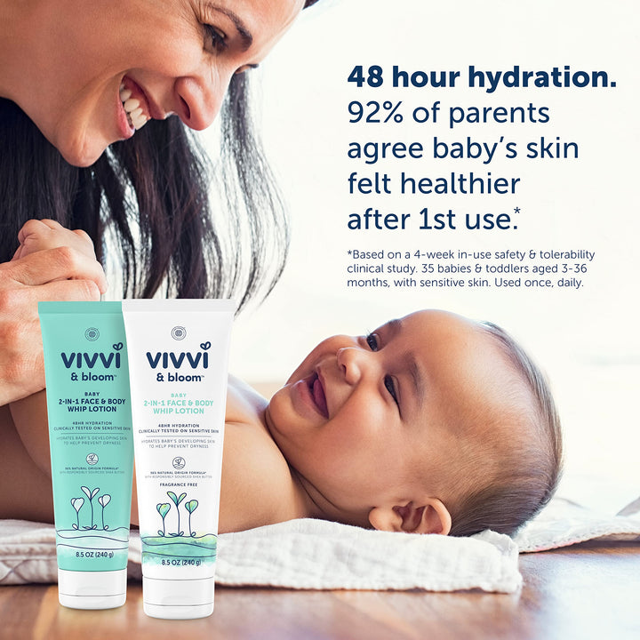 Vivvi &amp; Bloom Gentle 2-in-1 Baby Face &amp; Body Whip Lotion, Hydrates Developing Skin to Help Prevent Dryness, 48-Hour Hydration, Formulated Without Parabens &amp; Dyes, Hypoallergenic, 8.5 oz