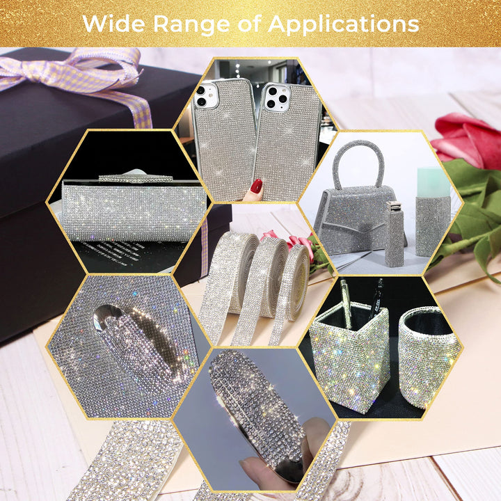 5 Rolls Self Adhesive Bling Wrap Crystal Rhinestone Strips Diamond Ribbon,Rhinestones for Crafts,Diamond Stickers Silver Rhinestone Ribbon Use for Decoration (Silver/5 Sizes/Total 5Yards)
