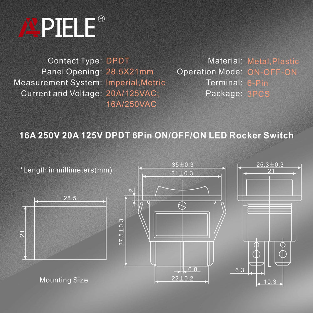 3Pcs 3 Position Rocker Toggle Switch DPDT 6 Pin AC 125V/10A 250V/16A ON-Off-ON with LED Light KCD2-203N (Green)