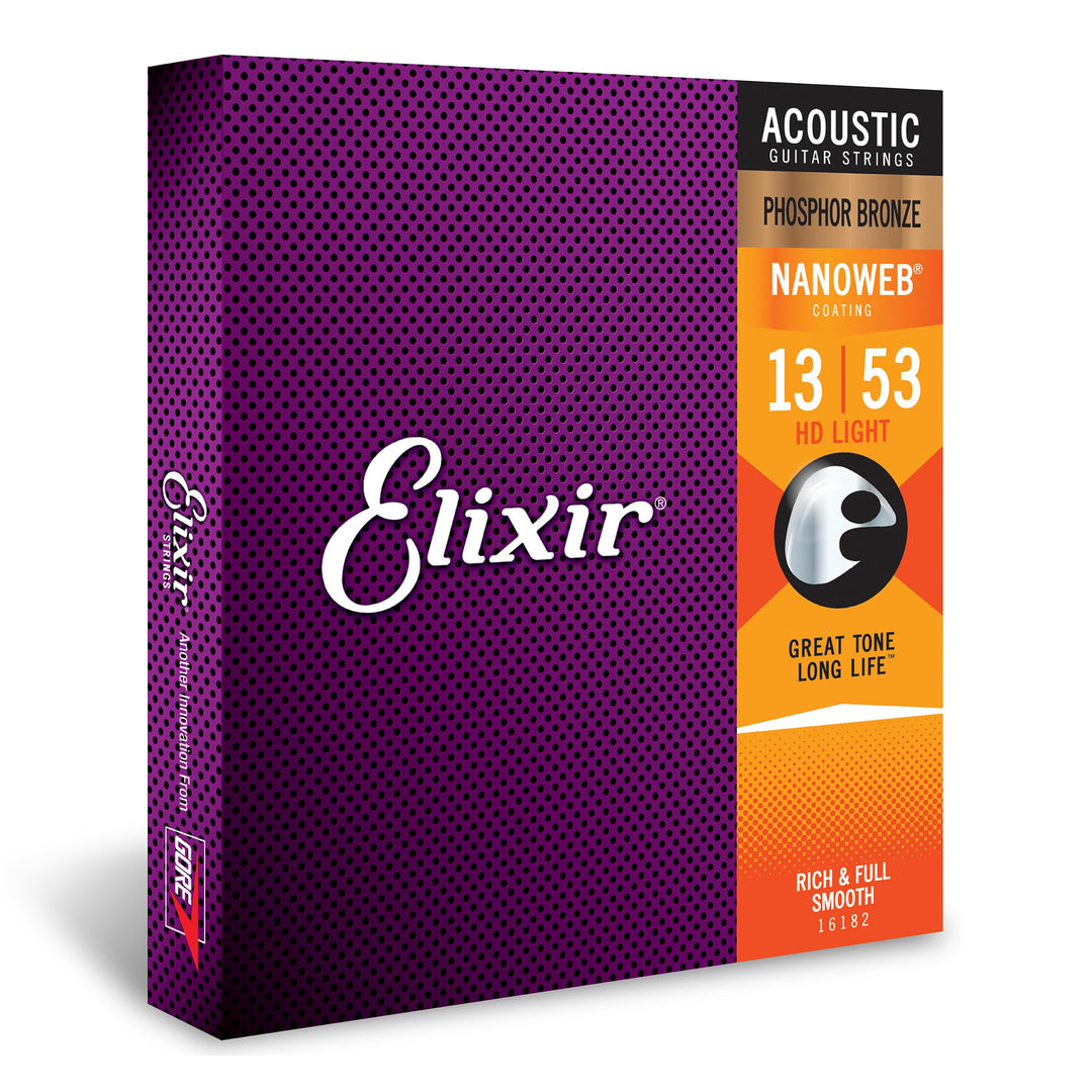 Strings, Acoustic Guitar Strings, Phosphor Bronze with NANOWEB Coating, Longest-Lasting Rich and Full Tone with Comfortable Feel, 6 String Set, HD Light 13-53