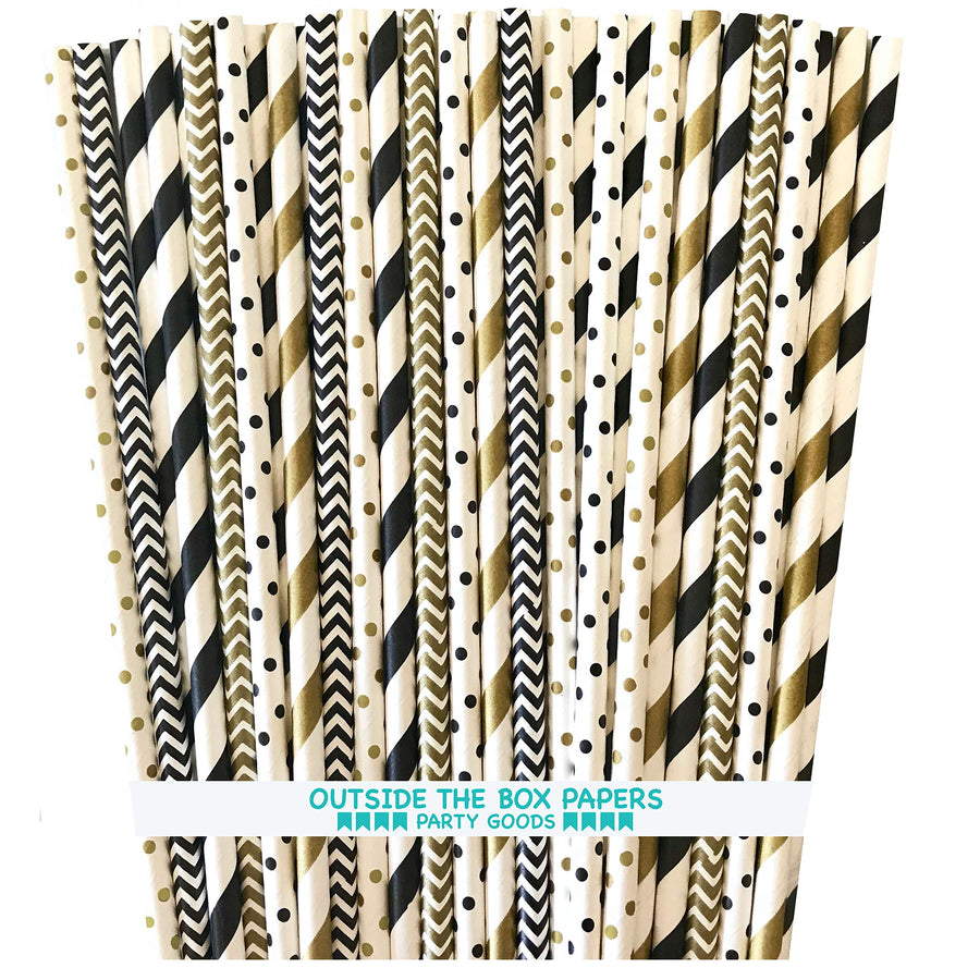 Paper Straws - Black Gold White - Stripe Polka Dot Chev