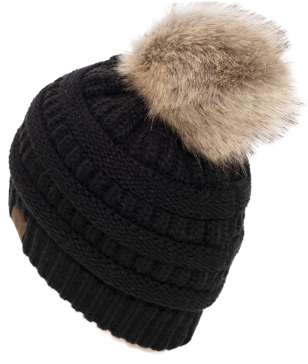Trendy Fuzzy Sherpa Fleece Lined Warm Soft Stretch Cable Knit Faux Fur Pom Pom Skull Cap Cuff Beanie Hat, Black