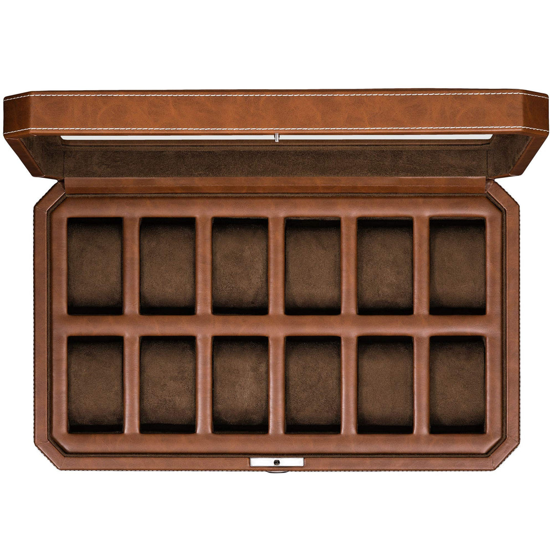 12 Slot Leather Watch Box - Luxury Watch Case Display Organizer, Microsuede Liner, Locking Mens Jewelry Watches Holder, Men&#39;s Storage Boxes Holder Large Glass Top (Tan/Brown)