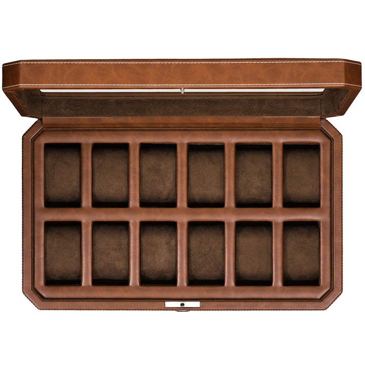 12 Slot Leather Watch Box - Luxury Watch Case Display Organizer, Microsuede Liner, Locking Mens Jewelry Watches Holder, Men&#39;s Storage Boxes Holder Large Glass Top (Tan/Brown)