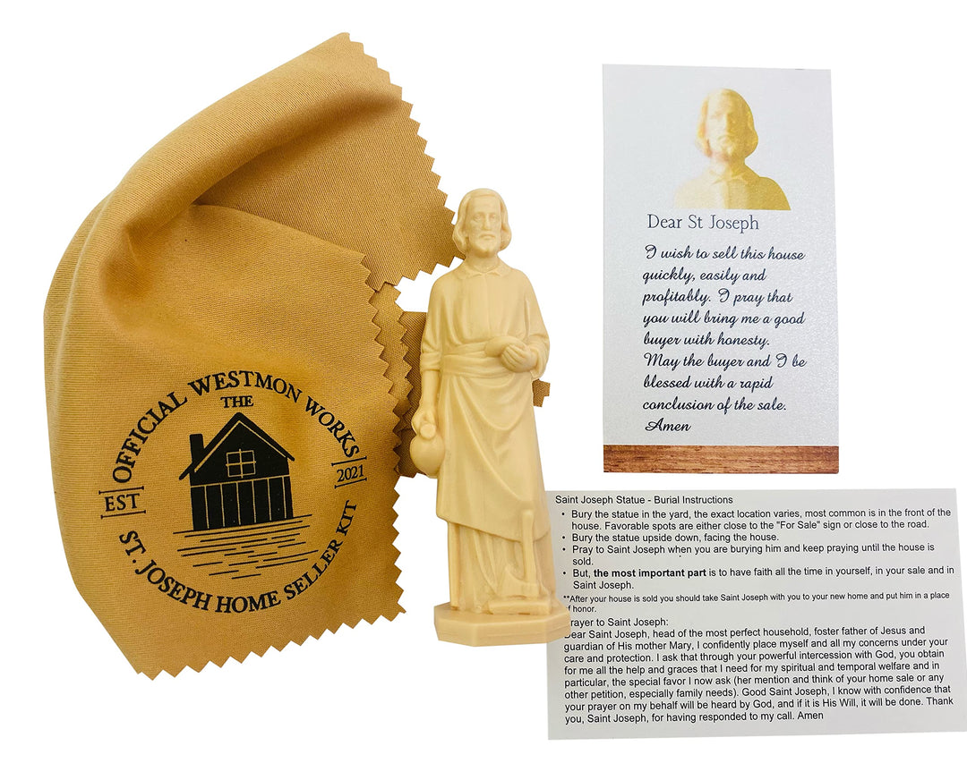 The Official Saint Joseph Statue for Selling Homes with Instruction Card and House Prayer with Burial Cloth Complete Set