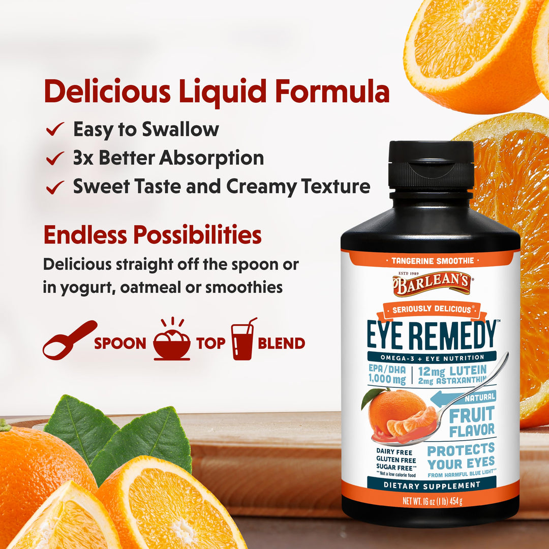 Barlean&#39;s Eye Remedy Supplement, Tangerine Flavored Fish Oil Liquid with Lutein, Astaxanthin and Zeaxanthin,1,000mg Omega 3 EPA DHA, Eye Care Supplements, 16 oz