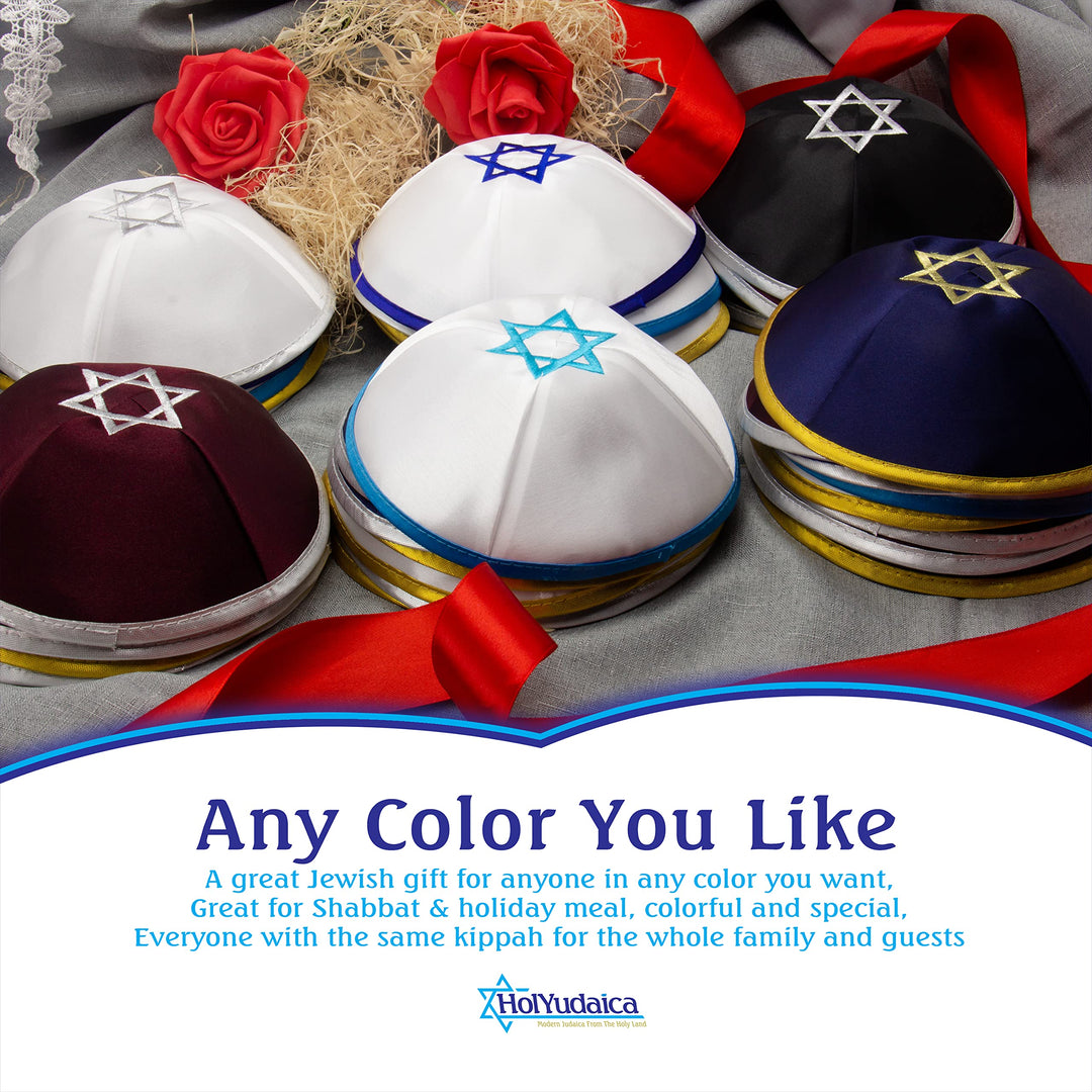 Pack of 5-Pcs Hq 20cm Satin Kippah with Silver/Gold String+Star of David for Men &amp; Boys, Yamaka Hat from Israel, Kippot Bulk (Blue Silver)