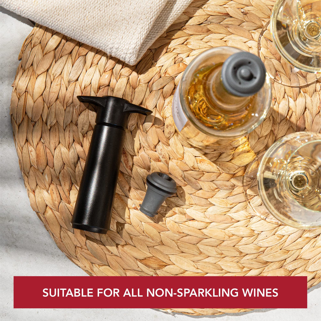 Wine Saver Pump Black with Vacuum Wine Stopper - Keep Your Wine Fresh for up to 10 Days - 1 Pump 2 Stoppers - Reusable - Made in the Netherlands