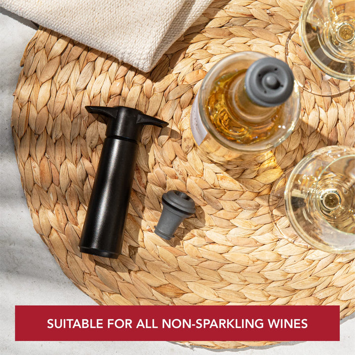Wine Saver Pump Black with Vacuum Wine Stopper - Keep Your Wine Fresh for up to 10 Days - 1 Pump 2 Stoppers - Reusable - Made in the Netherlands