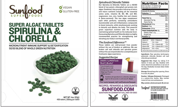 Sunfood Chlorella Spirulina Tablets - Spirulina and Chlorella Capsules, Chlorella Powder Pills, Green Algae Supplement Rich in Chlorophyll, Broken Cell Wall, Vegan - 2 oz Bag