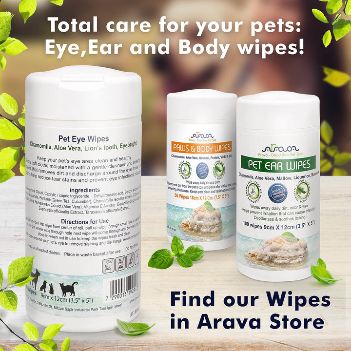 Arava Pet Eye Wipes for Dogs Cats Puppies &amp; Kittens - 100 Count - Natural and Aromatherapy Medicated Cat Dog Eye Wipes for Discharge and Crust - Removes Dirt, Prevents Tear Stains, Face Wipes for Dogs