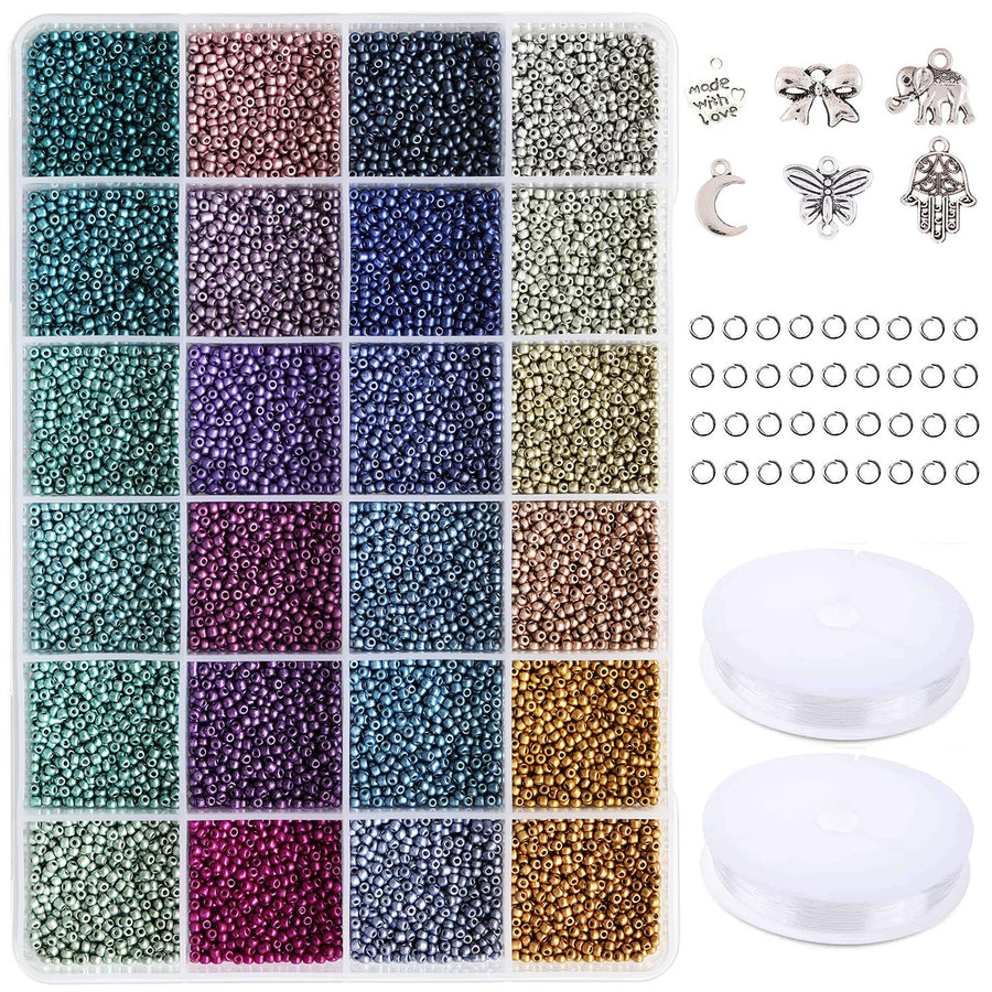 Size 2mm 12/0 Seed Beads About 15600pcs, Small Seed Beads Supplies with Elastic String,Jump Ring and Charms for Making Earring,Bracelet and Jewelry (650Pcs/Color, 24 Colors)
