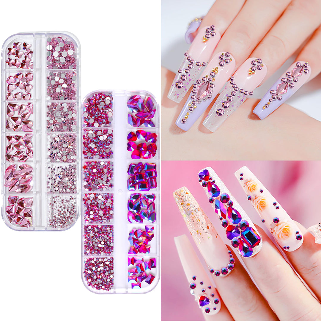 1620pcs Flat Back Rose AB Nail Rhinestones Pink Nail Rhinestones for Nails Round Beads Crystals Glass Gems Stones Multi Shapes Sizes Nail Rhinestones for Nail Face Art Clothes Shoes Bags DIY