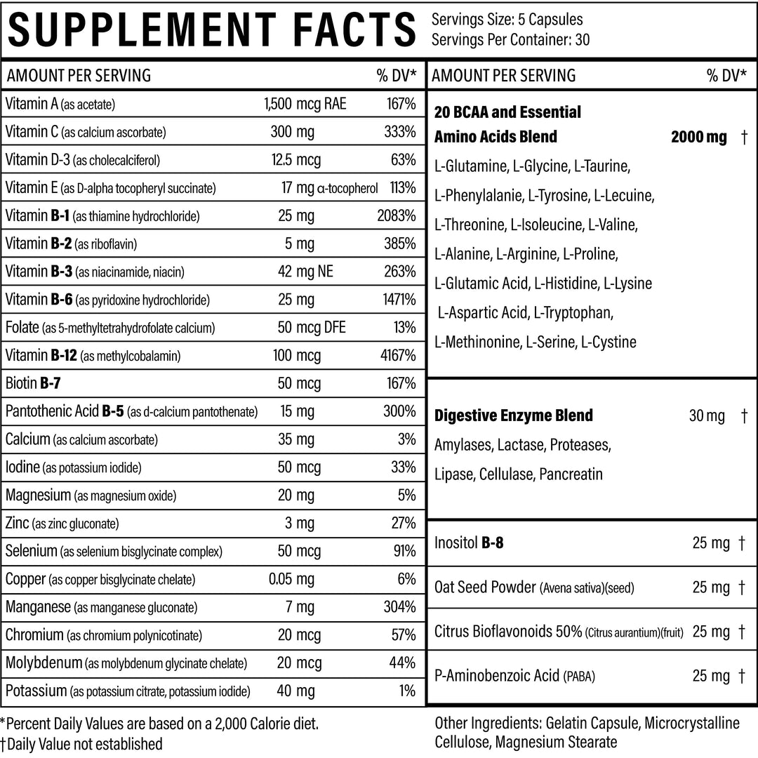 Sport Formula Daily Keto Superfood Multivitamin BCAA Amino Acid Powder Capsules for Men and Women. Won&#39;t Upset Your Stomach: Natural Vitamin B Energy Complex: Anti Aging Immune System Support