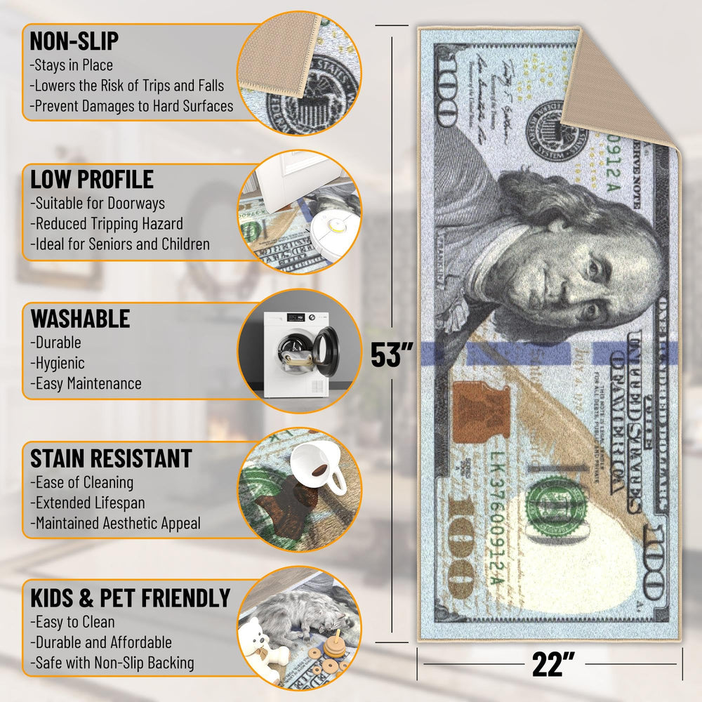Machine Washable $100 Bill Design Non-Slip Rubberback 22x53 Modern Runner Rug for Hallway, Kitchen, Bedroom, 22 x 53, Multicolor