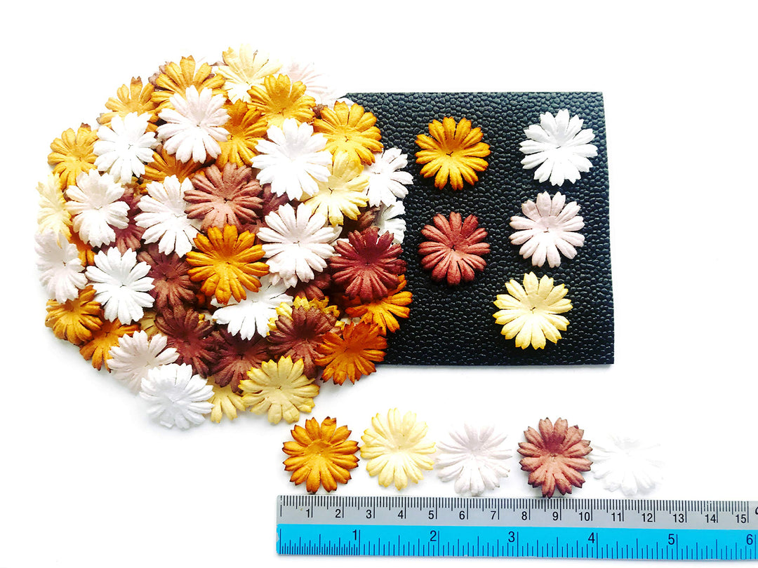 Tyga_Thai TH 50 pcs. Daisy Paper Flowers 25 mm. Mixed Tone Brown Petal Flower die cuts Mulberry Paper Flower Craft Handmade Wedding Scrapbook for so Many Card Craft Projects Brown, White Small