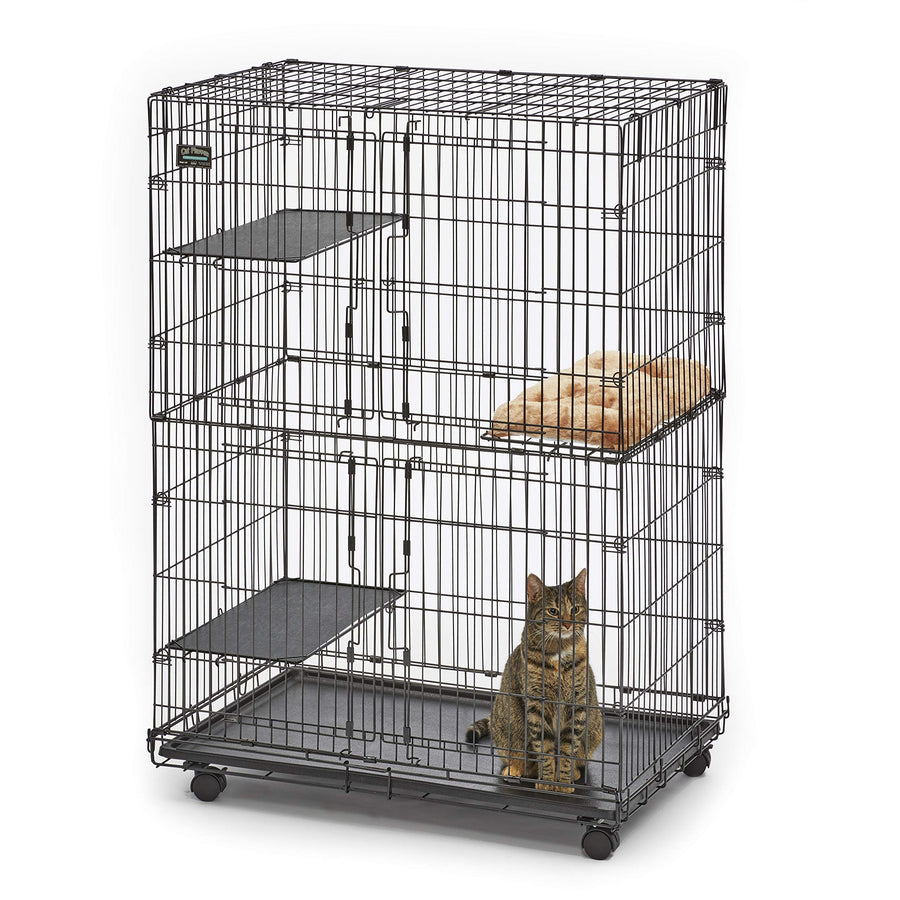 Cat Playpen/Cat Cage Includes 3 Adjustable Resting Platforms, Removable Leak-Proof Pan, Easy 2-Door Top/Bottom Access & 4-Locking Wheel Casters