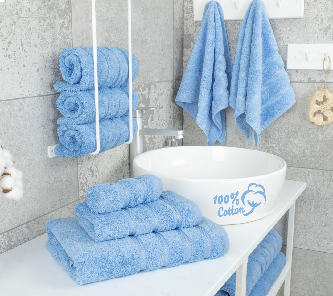 Luxury 6 Piece Towel Set, 2 Bath Towels 2 Hand Towels 2 Washcloths, 100% Cotton Turkish Towels for Bathroom, Sky Blue Towel Sets