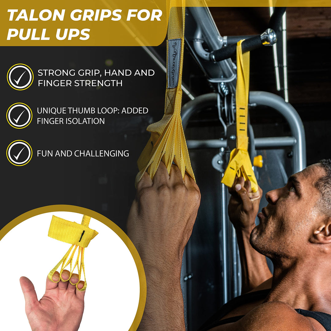 Talon Pull Up Grip Strength Straps - Nylon Finger and Thumb Loops for Grip Training, Rock Climbing, Hand and Arm Strengthener (Yellow)