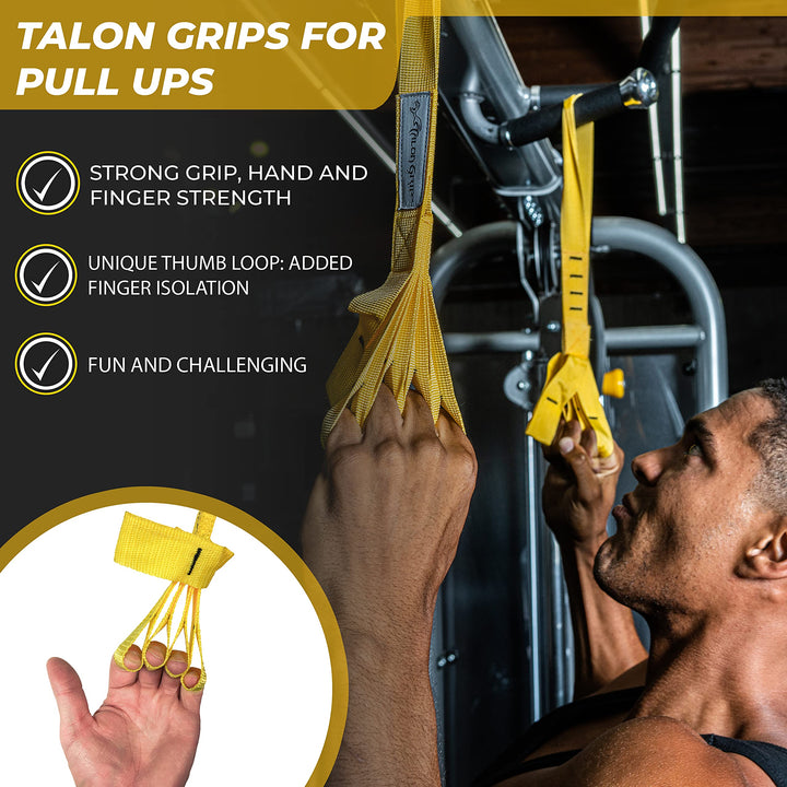 Talon Pull Up Grip Strength Straps - Nylon Finger and Thumb Loops for Grip Training, Rock Climbing, Hand and Arm Strengthener (Yellow)