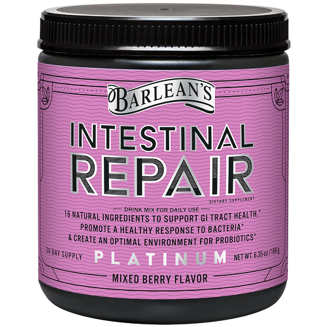 Barlean’s Intestinal Repair Gut Health Powder with 16 Digestive Supplements, L-Glutamine, Marshmallow &amp; Licorice Root, Aloe Vera, and Fiber Mixed Berry Flavor, 6.35 oz