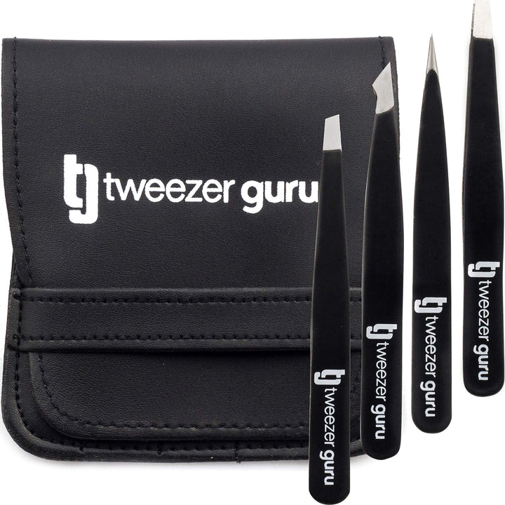 Tweezer Guru Eyebrow Tweezer Set (4-Piece) for Women &amp; Men - Professional Slant and Pointed Tweezers Set with Case - Precision Tweezers Kit for Facial Hair, Splinter and Ingrown Hair Removal