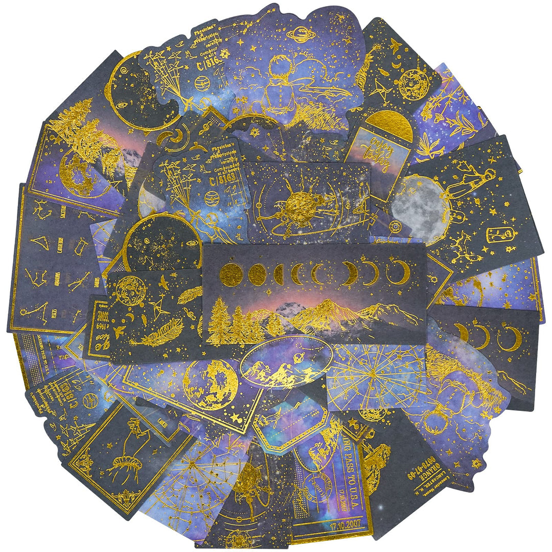 Celestial Black Gold Foil Stickers Set (60 Pieces) - Decorative Planet Moon Space Galaxy Astronomy Planner Sticker for Scrapbooking Bullet Journaling Junk Journal DIY Art Crafts Album Calendars